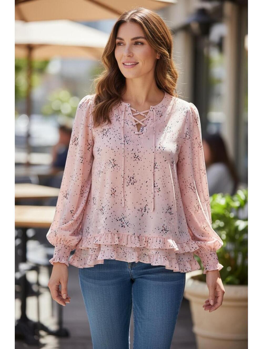 a.n.a Lace-Up Ruffle Hem Blouse in Light Pink with Speckled Print, Size‎ L